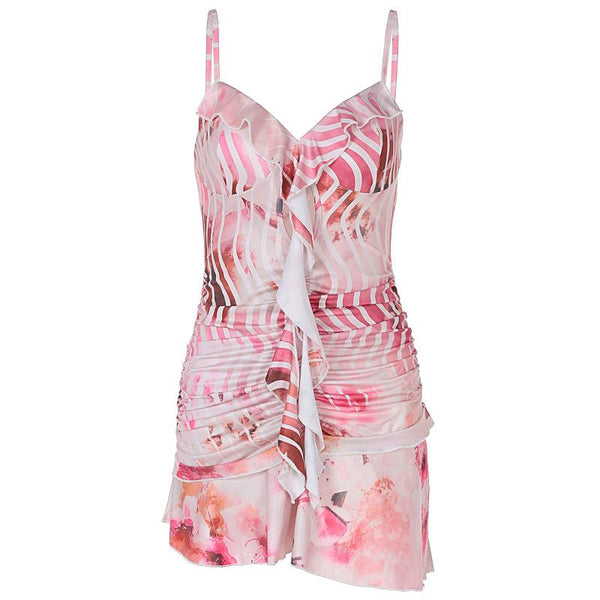 V neck ruffle ruched print backless cami mini dress