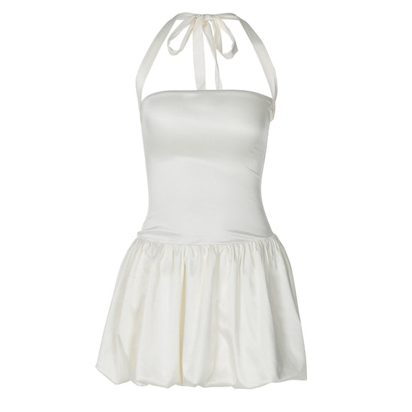Halter ruched knotted solid mini dress