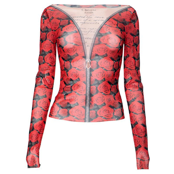 Haut en maille transparente à manches longues et col rond, imprimé rose 