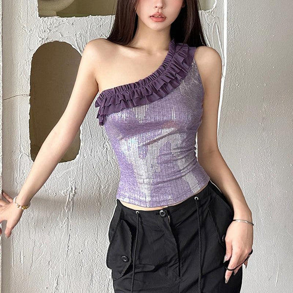 One shoulder ruffle print metallic irregular top