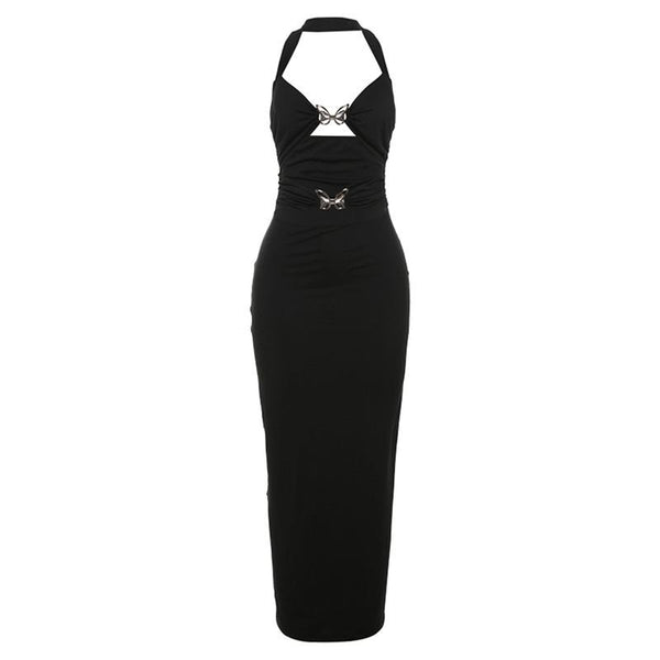 Halter butterfly metal tag hollow out maxi dress