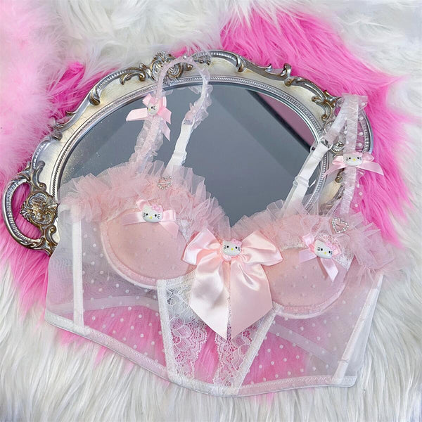 Haut caraco bustier à col en cœur et nœud papillon motif « Hello Kitty » 
