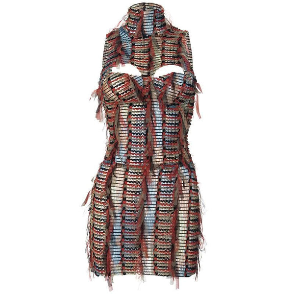 High neck textured backless hollow out cut out mini dress  | red tango dress