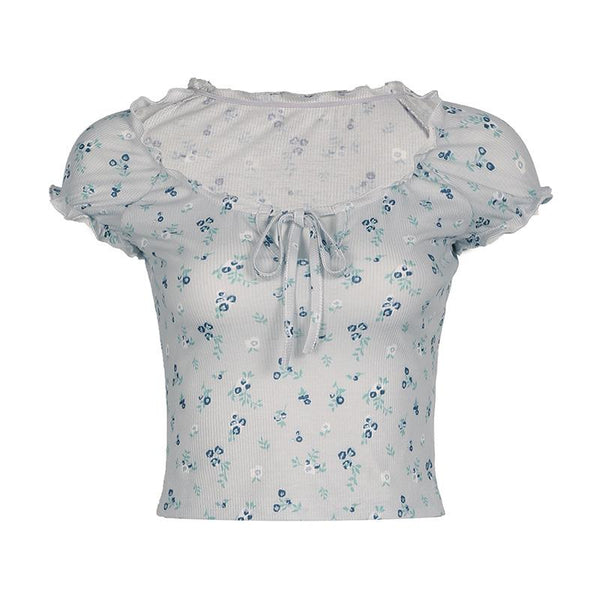 Short sleeve knotted ruffle ribbed print top