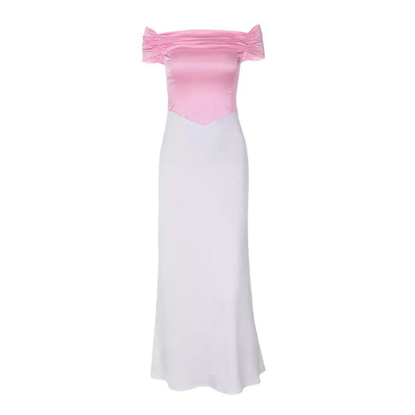 Short sleeve off shoulder ruched satin lace up midi dress