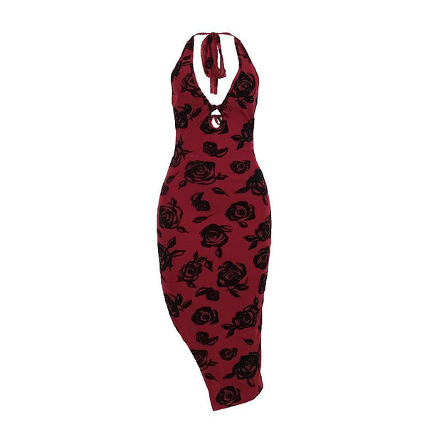 Halter v neck slit backless mesh self tie midi dress  | red tango dress