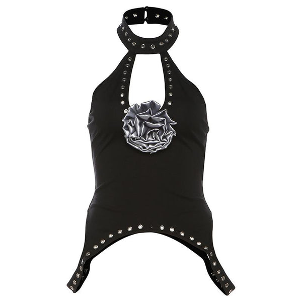 Halter flower applique solid hollow out top