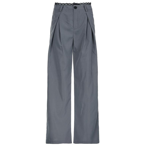 Pantalon droit taille basse froncé à ourlet en dentelle et boutons 