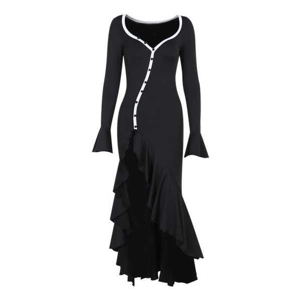 Robe longue à volants, manches longues évasées, col en V, fente boutonnée 