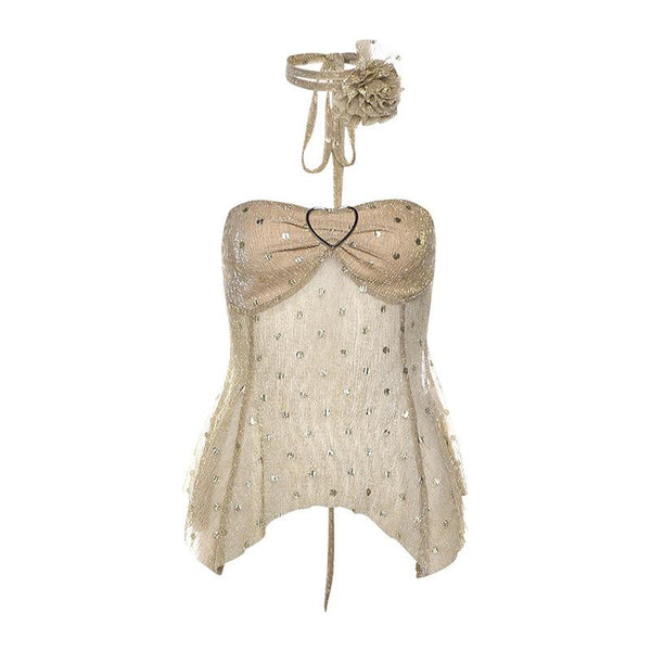 Polka dot glitter buckle ruffle tube top
