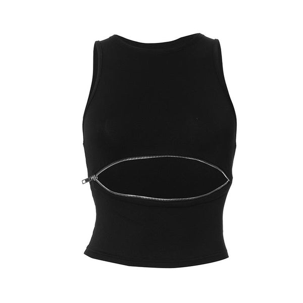 Crewneck zip-up hollow out solid tank top