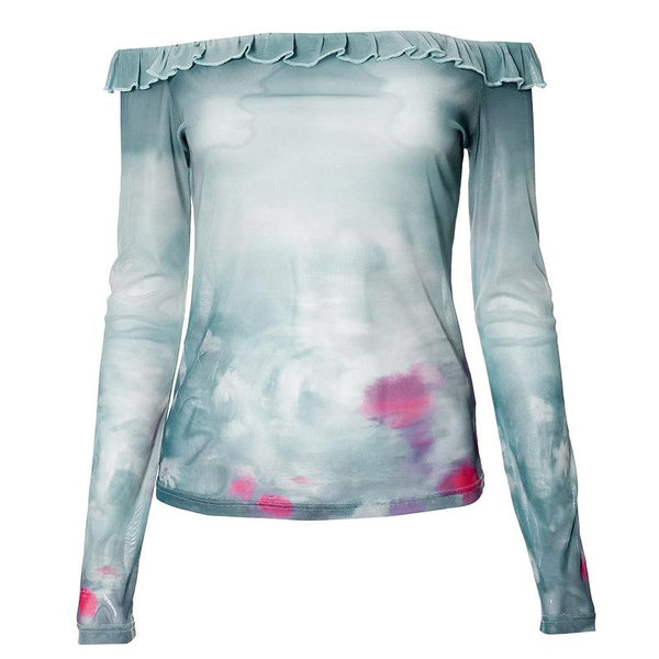Haut à manches longues et épaules dénudées en maille transparente à volants tie-dye 