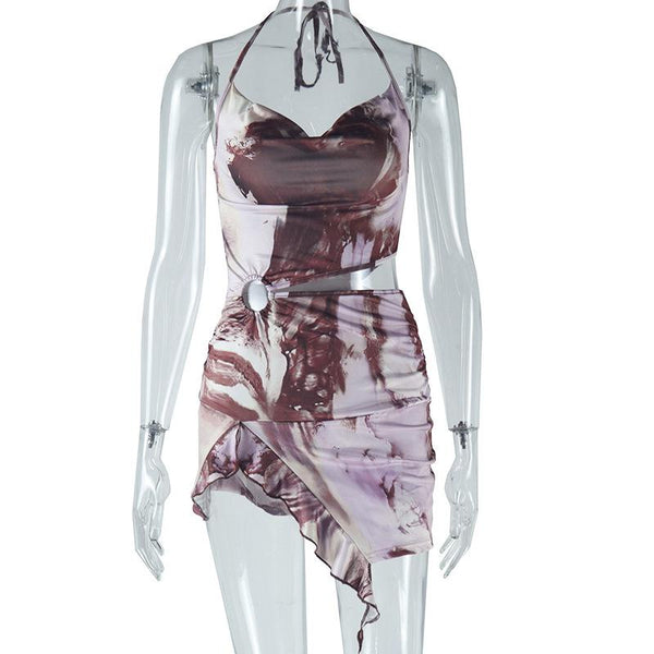 Robe courte abstraite à col bénitier et anneau en O ajouré 