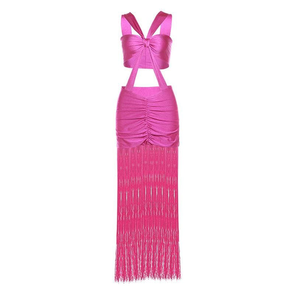 Robe mini-camisole métallisée à pompons noués et froncés | robe tango rouge 