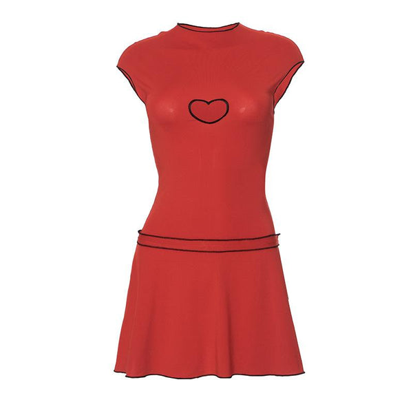 Cap sleeve heart embroidery stitch mini dress  | red tango dress