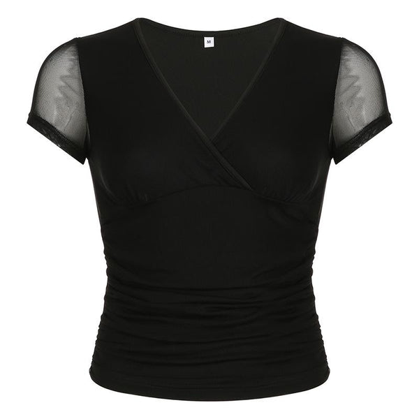 Short sleeve v neck mesh ruched solid top