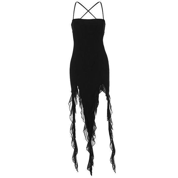 Ruffle cross back solid lace up cami maxi dress  | black rave dress