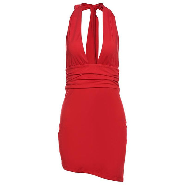 Robe mini dos nu froncée à col en V profond et dos nu | robe tango rouge 