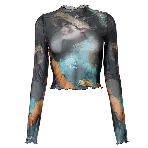Long sleeve print sheer mesh ruffle crop top