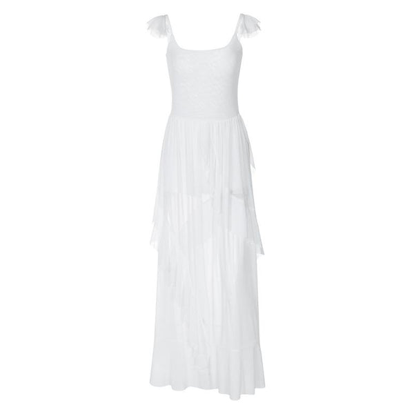 Ruched ruffle square neck sheer mesh cami maxi dress  | samba dress