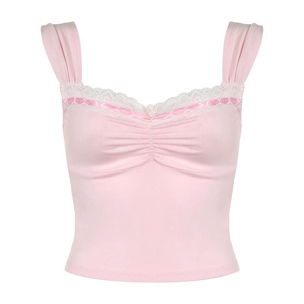 Lace hem ruched ribbon 2-way cami top