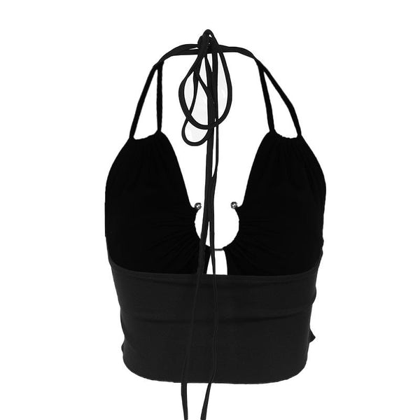 Halter ruched solid self tie crop top