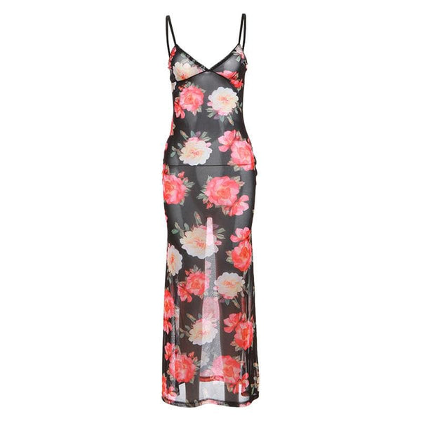 Sheer mesh flower print cami maxi dress  | samba dress