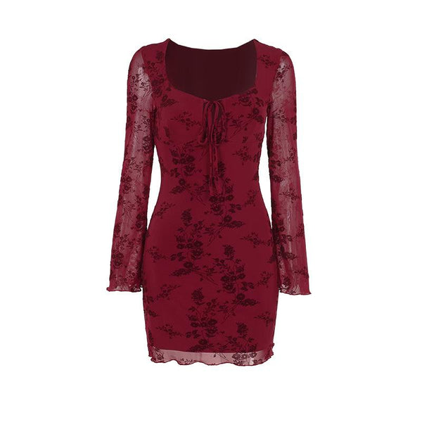 Long sleeve flower pattern mesh self tie mini dress  | red tango dress
