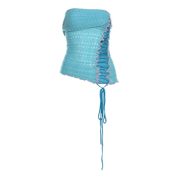 Lace up knitted irregular ruffle tube top