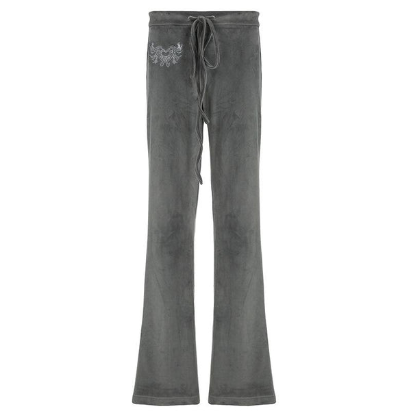 Pantalon taille basse à nouer et perles en velours 