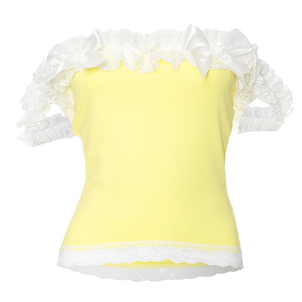 Off shoulder lace hem bowknot ruffle top