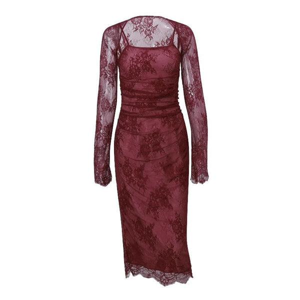 Long sleeve lace up shrug 2 piece cami midi dress  | red tango dress