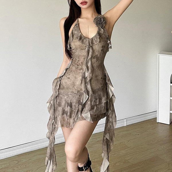 Halter tie dye butterfly print mesh rose applique mini dress