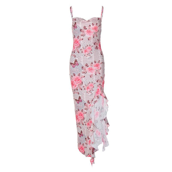 Robe longue camisole à col bénitier et volants fendus, imprimé papillon 