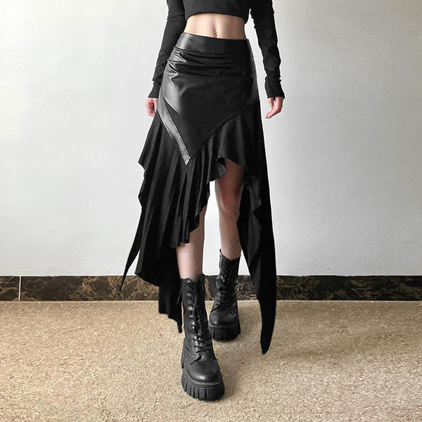 Jupe midi irrégulière en patchwork de cuir PU 