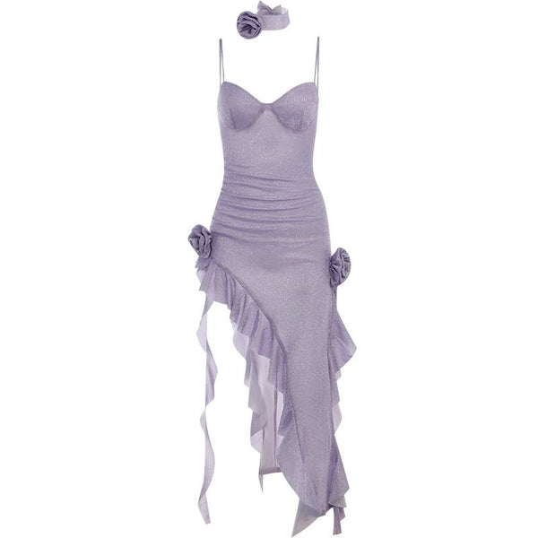 Robe midi fendue à volants et col en cœur avec appliques florales 