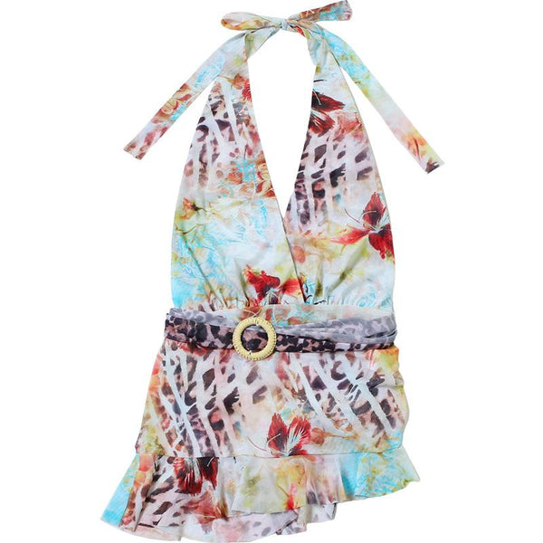 Irregular halter deep V neck print sheer mesh mini dress  | samba dress