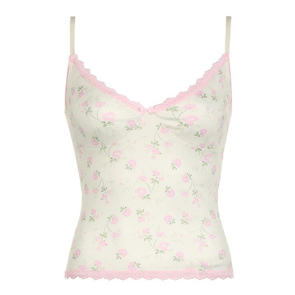 Haut caraco à col en V, ourlet en dentelle, imprimé floral, nœud papillon froncé 