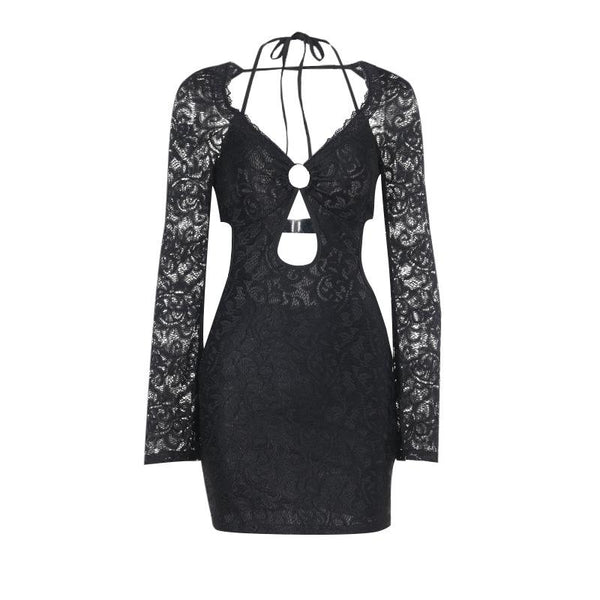 Robe mini à manches longues et col licou en dentelle ajourée avec anneau en O 