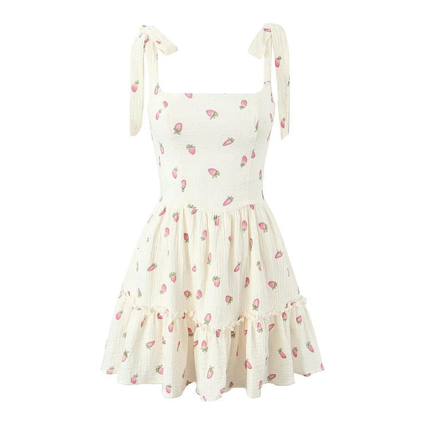 Mini-robe camisole à lacets et col carré, imprimé fraises 