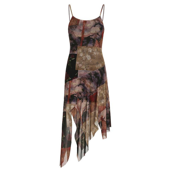 U neck ruffle irregular patchwork print cami midi dress