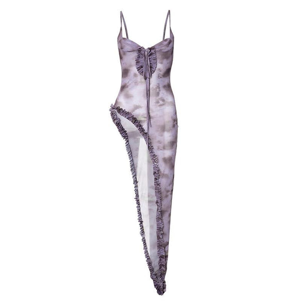 Mesh self tie print high slit ruffle cami maxi dress