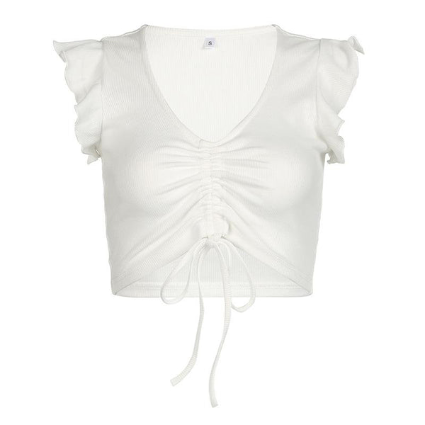 Cap sleeve drawstring ruched ribbed crop top