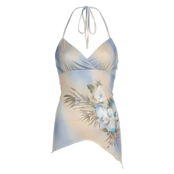 Halter v neck print tie dye ruched knotted backless top