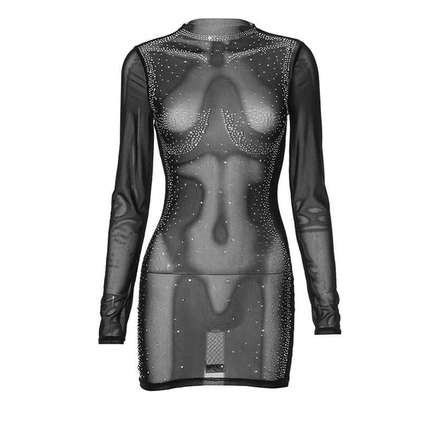 Long sleeve body pattern beaded sheer mesh mini dress  | samba dress