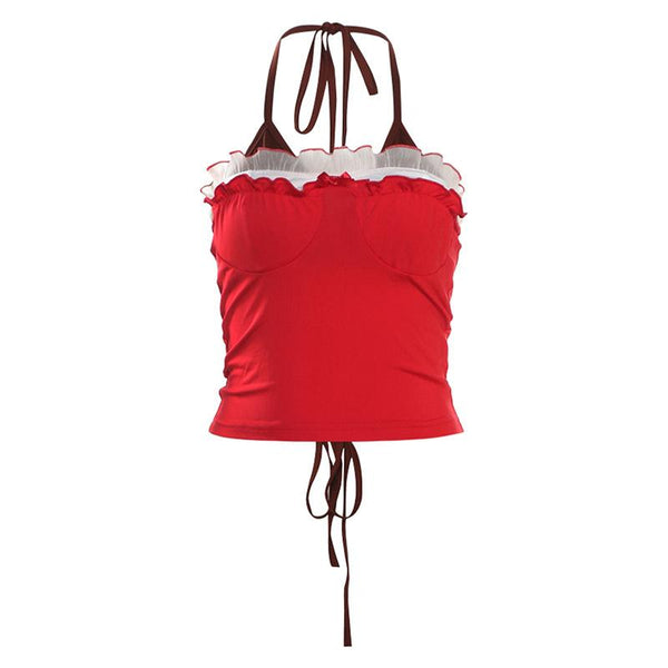 Halter ruffle bowknot ruched knotted 2 piece top
