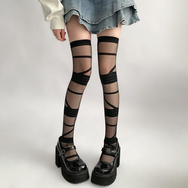 Chaussettes hautes en maille transparente avec détails bandage 