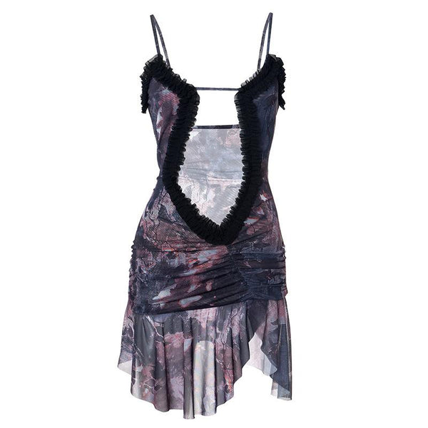 Double layered mesh ruffle hollow out cami cut out mini dress  | red tango dress