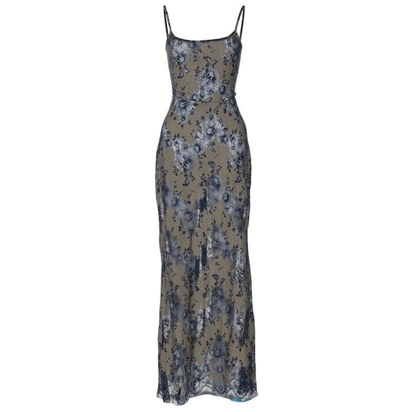 Lace backless lace up ribbon cami maxi dress