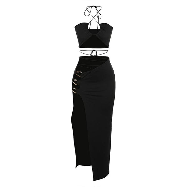 Halter cross front self tie o ring high slit maxi dress  | black rave dress